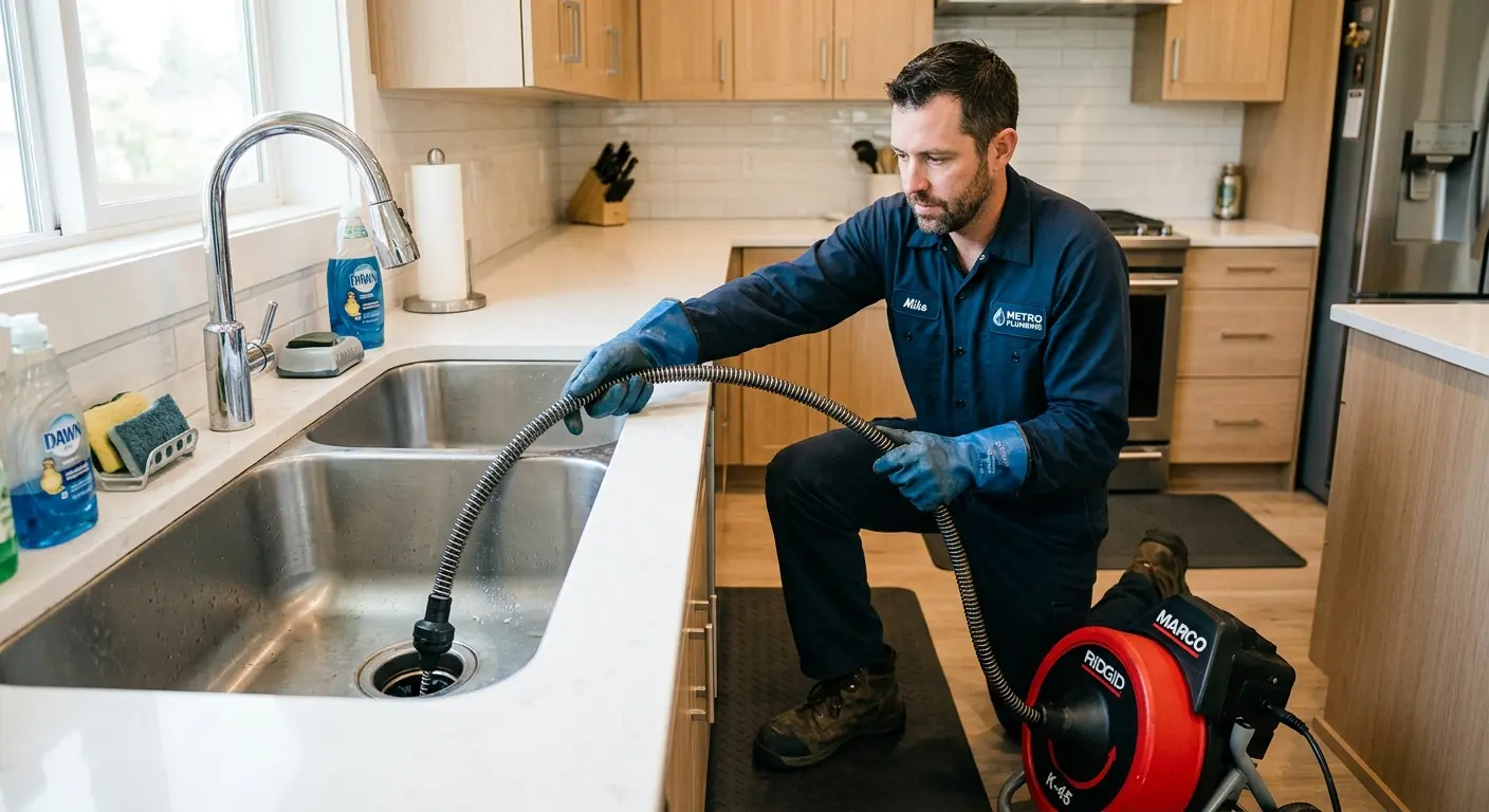 Drain cleaning technician using a motorized snake on a kitchen sink in Calhoun