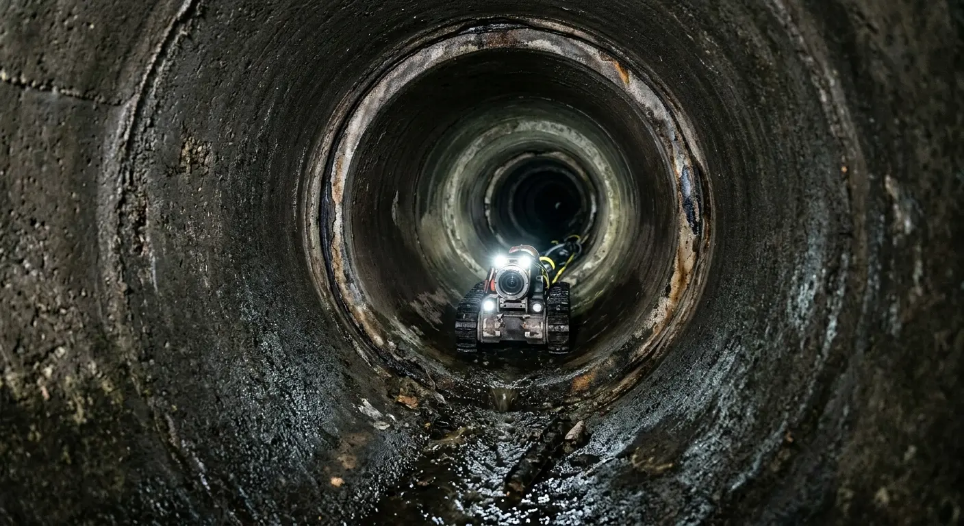 Robotic sewer camera inspecting pipe interior for Sewer Line Cleaning in Calhoun