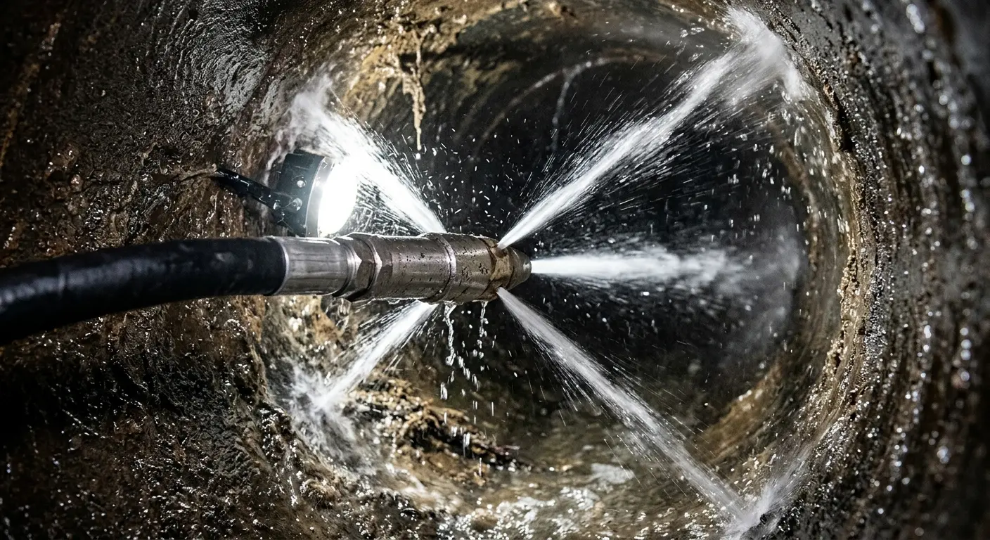 High-pressure hydro jetting nozzle cleaning sewer pipe for Emergency Drain Service in Calhoun