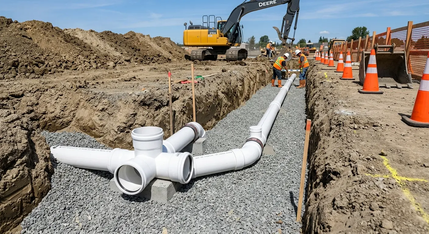 New PVC sewer pipe installation in open trench for Commercial Drain Cleaning in Calhoun