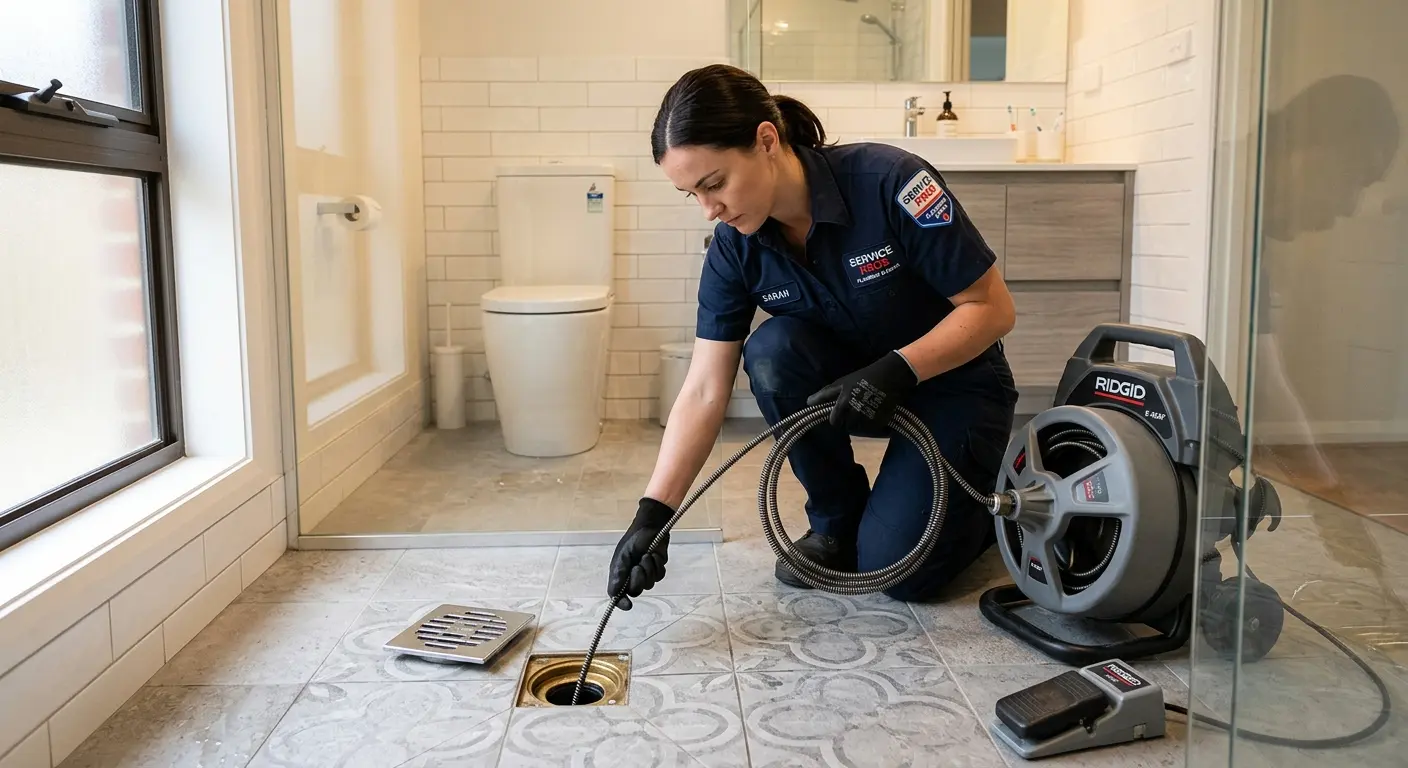 Technician clearing a bathroom floor drain for Sewer Line Replacement in Calhoun
